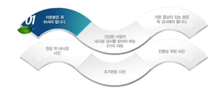 건강한 사람이 내시경 검사를 받아야 하는 5가지 이유를 소개하는 곡선 리본 형태의 인포그래픽. 이런분은 꼭 하셔야 합니다, 이런 증상이 있는 분은 꼭 검사해야 합니다, 건강한 사람이 내시경 검사를 받아야 하는 5가지 이유, 정상 위 내시경 사진, 진행성 위암 사진, 조기위암 사진 항목으로 구성
