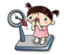 체중계 위에 올라가 걱정스러운 표정을 짓는 여자아이 캐릭터 삽화